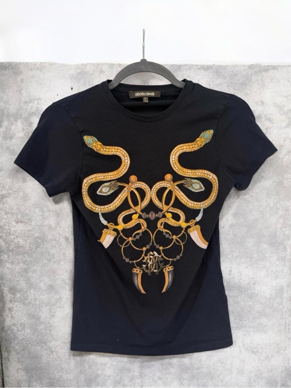 Roberto Cavalli MADE IN ITALYBlack Tee with Gold Snake & Jewel Motif XS Like New